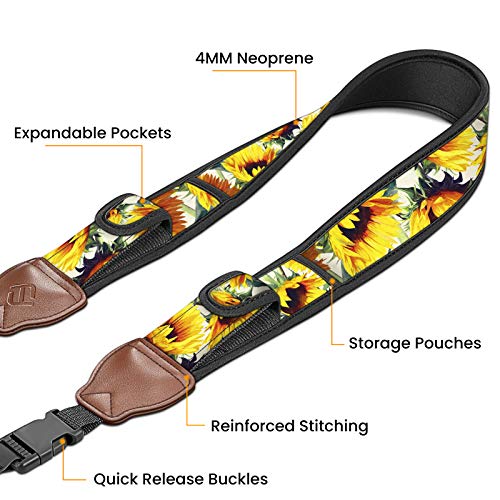 Fintie Camera Strap for All DSLR Camera, Universal Neck Shoulder Belt with Accessory Pockets for Canon, Nikon, Sony, Pentax, Sunflowers