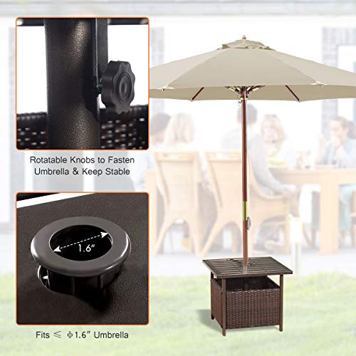 Giantex Outdoor Side Table with Umbrella Hole, Rattan/Wicker Umbrella Stand Table, Steel Metal Patio Bistro Table for Outdoor Deck Garden Pool, Brown