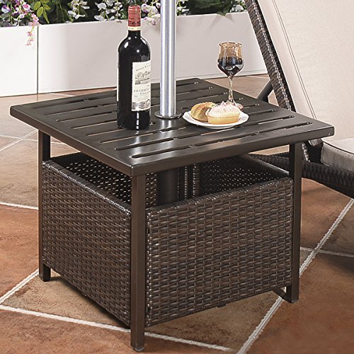 Giantex Outdoor Side Table with Umbrella Hole, Rattan/Wicker Umbrella Stand Table, Steel Metal Patio Bistro Table for Outdoor Deck Garden Pool, Brown