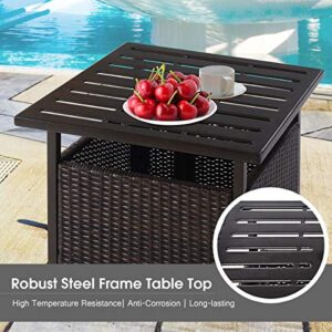 Giantex Outdoor Side Table with Umbrella Hole, Rattan/Wicker Umbrella Stand Table, Steel Metal Patio Bistro Table for Outdoor Deck Garden Pool, Brown