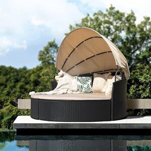kemon patio furniture round outdoor daybed with retractable canopy wicker rattan sectional sofa for lawn garden backyard pool, beige