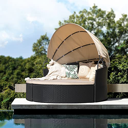 Kemon Patio Furniture Round Outdoor Daybed with Retractable Canopy Wicker Rattan Sectional Sofa for Lawn Garden Backyard Pool, Beige