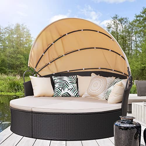 Kemon Patio Furniture Round Outdoor Daybed with Retractable Canopy Wicker Rattan Sectional Sofa for Lawn Garden Backyard Pool, Beige