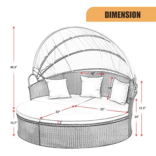 Kemon Patio Furniture Round Outdoor Daybed with Retractable Canopy Wicker Rattan Sectional Sofa for Lawn Garden Backyard Pool, Beige