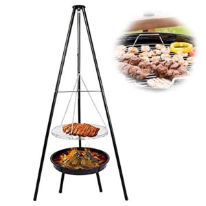 bestyijo hanging tripod camping stove, outdoor tripod barbecue stove height adjustable campfire cooking pot for barracks garden bbq, with barbecue net and grill