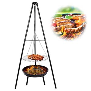 BestYiJo Hanging Tripod Camping Stove, Outdoor Tripod Barbecue Stove Height Adjustable Campfire Cooking Pot for Barracks Garden BBQ, with Barbecue Net and Grill