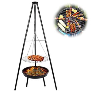 BestYiJo Hanging Tripod Camping Stove, Outdoor Tripod Barbecue Stove Height Adjustable Campfire Cooking Pot for Barracks Garden BBQ, with Barbecue Net and Grill
