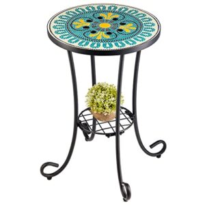 vonluce patio side table and plant stand, 21″ end table with 14″ ceramic tile top for porch garden decor, indoor and outdoor mosaic table, living room bedroom balcony furniture for home garden, french