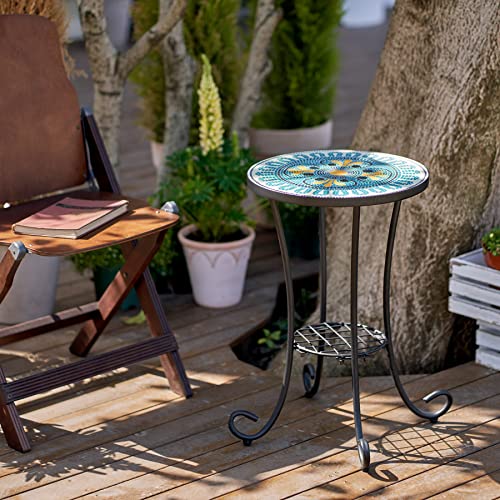 VONLUCE Patio Side Table and Plant Stand, 21" End Table with 14" Ceramic Tile Top for Porch Garden Decor, Indoor and Outdoor Mosaic Table, Living Room Bedroom Balcony Furniture for Home Garden, French