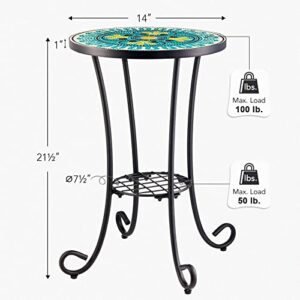 VONLUCE Patio Side Table and Plant Stand, 21" End Table with 14" Ceramic Tile Top for Porch Garden Decor, Indoor and Outdoor Mosaic Table, Living Room Bedroom Balcony Furniture for Home Garden, French