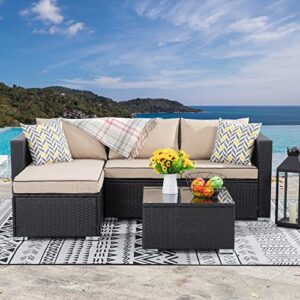 walsunny 3 piece patio furniture set outdoor sectional sofa with upgrade rattan wicker conversation loveseat couch(black rattan)(khaki/black)