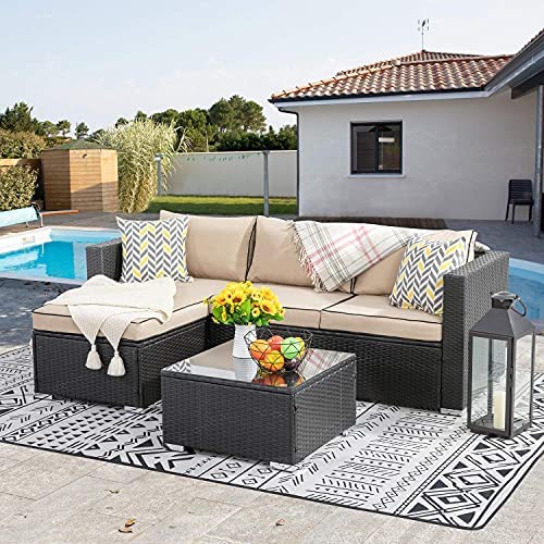 Walsunny 3 Piece Patio Furniture Set Outdoor Sectional Sofa with Upgrade Rattan Wicker Conversation Loveseat Couch(Black Rattan)(Khaki/Black)
