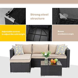 Walsunny 3 Piece Patio Furniture Set Outdoor Sectional Sofa with Upgrade Rattan Wicker Conversation Loveseat Couch(Black Rattan)(Khaki/Black)