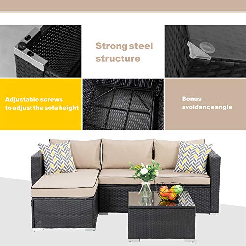 Walsunny 3 Piece Patio Furniture Set Outdoor Sectional Sofa with Upgrade Rattan Wicker Conversation Loveseat Couch(Black Rattan)(Khaki/Black)