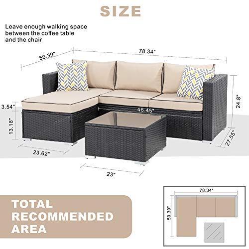 Walsunny 3 Piece Patio Furniture Set Outdoor Sectional Sofa with Upgrade Rattan Wicker Conversation Loveseat Couch(Black Rattan)(Khaki/Black)