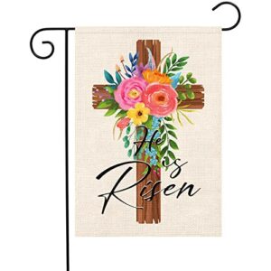 heyfibro easter jesus religious garden flag he is risen easter cross spring yard flags 12 x 18 inch double sided burlap christian nativity banner for easter spring outdoor decoration(only flag)