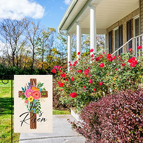 Heyfibro Easter Jesus Religious Garden Flag He Is Risen Easter Cross Spring Yard Flags 12 x 18 Inch Double Sided Burlap Christian Nativity Banner for Easter Spring Outdoor Decoration(ONLY FLAG)