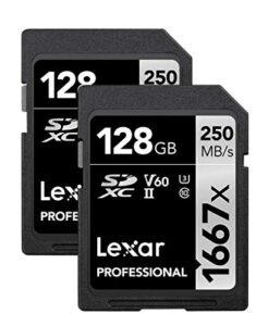 lexar professional 1667x 128gb (2-pack) sdxc uhs-ii memory cards, c10, u3, v60, full-hd & 4k video, up to 250mb/s read, for professional photographer, videographer, enthusiast (lsd128cbna16672)