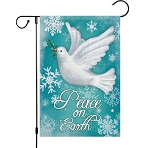 winter garden flag 12×18 double sided, small burlap pigeon snowflake pray hope garden yard flags world peace on earth for winter seasonal outside outdoor house holiday decor (only flag)