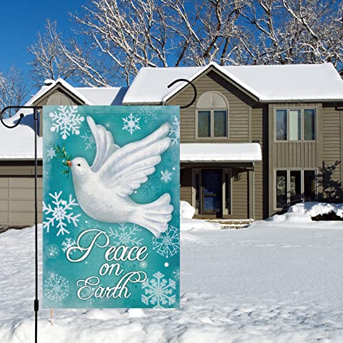 Winter Garden Flag 12x18 Double Sided, Small Burlap Pigeon Snowflake Pray Hope Garden Yard Flags World Peace on Earth for Winter Seasonal Outside Outdoor House Holiday Decor (ONLY FLAG)