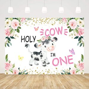 ticuenicoa 7x5ft holy cow i’m one 1st birthday backdrop for girls baby shower photography background pink and gold floral animals bday backdrops for party newborn kids supplies photobooth props…