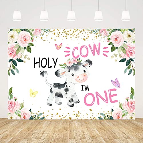 Ticuenicoa 7x5ft Holy Cow I'm One 1st Birthday Backdrop for Girls Baby Shower Photography Background Pink and Gold Floral Animals Bday Backdrops for Party Newborn Kids Supplies Photobooth Props…