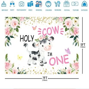 Ticuenicoa 7x5ft Holy Cow I'm One 1st Birthday Backdrop for Girls Baby Shower Photography Background Pink and Gold Floral Animals Bday Backdrops for Party Newborn Kids Supplies Photobooth Props…