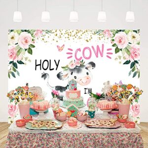 Ticuenicoa 7x5ft Holy Cow I'm One 1st Birthday Backdrop for Girls Baby Shower Photography Background Pink and Gold Floral Animals Bday Backdrops for Party Newborn Kids Supplies Photobooth Props…