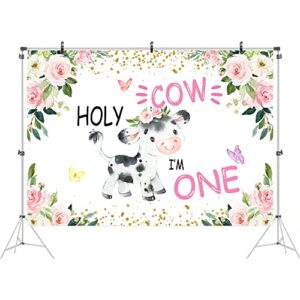 Ticuenicoa 7x5ft Holy Cow I'm One 1st Birthday Backdrop for Girls Baby Shower Photography Background Pink and Gold Floral Animals Bday Backdrops for Party Newborn Kids Supplies Photobooth Props…