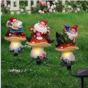 loguide outdoor garden gnome statue solar lights,set of 3 led resin mushroom gnome garden stake lights,waterproof outdoor figurine for garden,yard,flower bed,grave,walkway decor,gift for gnome lovers