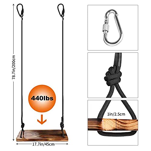 Tree Swing Seat,ATFWEL Carbonized Hanging Swing Seat with Adjustable Rope for Adult Kids Garden,Yard,Indoor,Outdoor Durable Wooden Swing Can Withstand 440LB (17.7x7.9x1.0 inch)