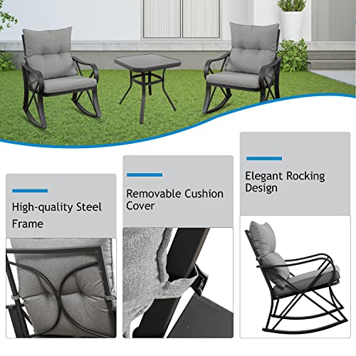 HOMPUS 3-Piece Outdoor Rocking Chairs Bistro Set Wicker Patio Furniture Set Metal Frame Patio Rockes Set w Gray Cushions, Front Porch Rocking Chairs with Glass Coffee Table for Balcony,Garden