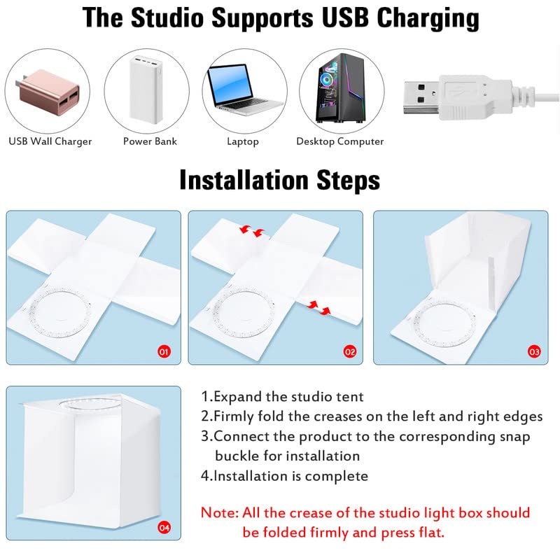 Folding Photo Studio Light Box Kit, 12.2 x 12.2inch Portable Photography Shooting Booth Table Top Light Tent Kit with 80 LED Lights (10 Levels Dimmable 3 Colors) and 6 Colors Backdrops