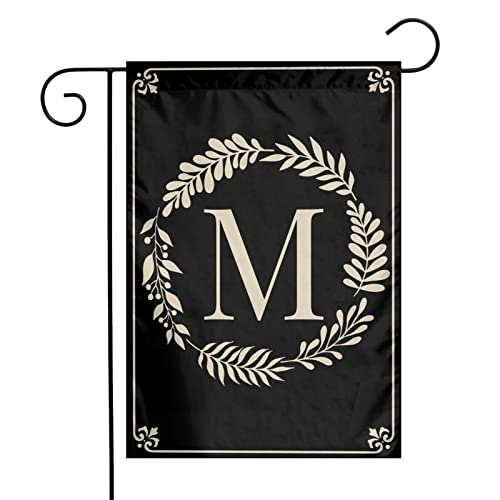 Monogram M Garden Flag Double Sided Outdoor Wreath Letter Black Garden Yard Banner Decoration Size 12"X18"