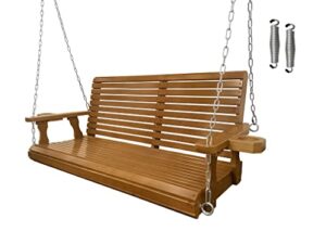wooden porch swing 2-seater, bench swing with cupholders, hanging chains and 7mm springs, heavy duty 800 lbs, for outdoor patio garden yard (brown – 4.5 feet)