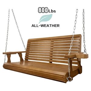 Wooden Porch Swing 2-Seater, Bench Swing with Cupholders, Hanging Chains and 7mm Springs, Heavy Duty 800 LBS, for Outdoor Patio Garden Yard (Brown - 4.5 feet)