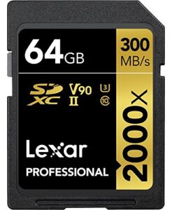 lexar professional 2000x 64gb sdxc uhs-ii memory card, c10, u3, v90, full-hd & 8k video, up to 300mb/s read, for dslr, cinema-quality video cameras (lsd2000064g-bnnnu)