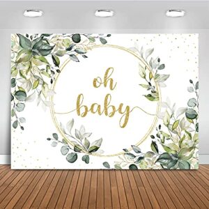 mocsicka greenery baby shower backdrop gold oh baby background green eucalyptus baby shower party cake table decoration banner photo booth props (7x5ft)