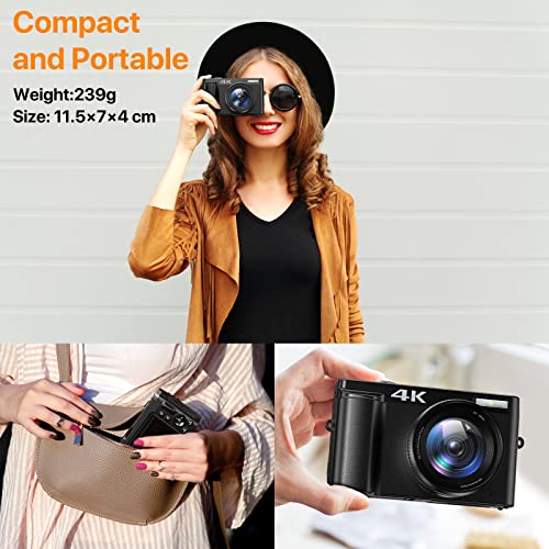 Vlogging Camera, 4K Digital Camera for YouTube Autofocus 16X Digital Zoom 48MP Video Cameras for Photography with 32GB SD Card, 180 Degree 3.0 inch Flip Screen, 2 Batteries and Charging Stand