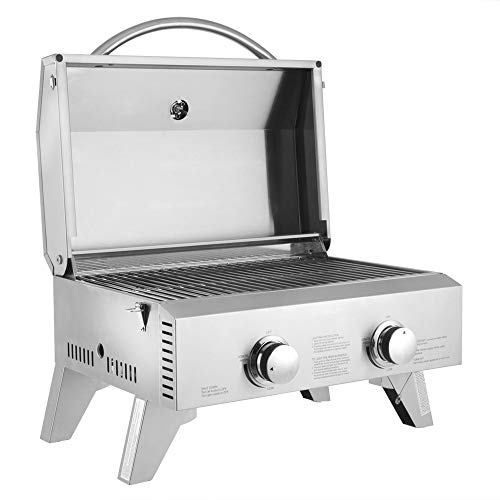 ROVSUN Portable Gas Grill with 2 Burner, Extra Large 20,000 BTU Tabletop Camping Propane Griddle for Outdoor Patio Garden BBQ Picnic Tailgating Trip Home Use with Stainless Steel Body, Regulator & Hose