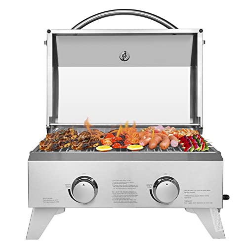 ROVSUN Portable Gas Grill with 2 Burner, Extra Large 20,000 BTU Tabletop Camping Propane Griddle for Outdoor Patio Garden BBQ Picnic Tailgating Trip Home Use with Stainless Steel Body, Regulator & Hose