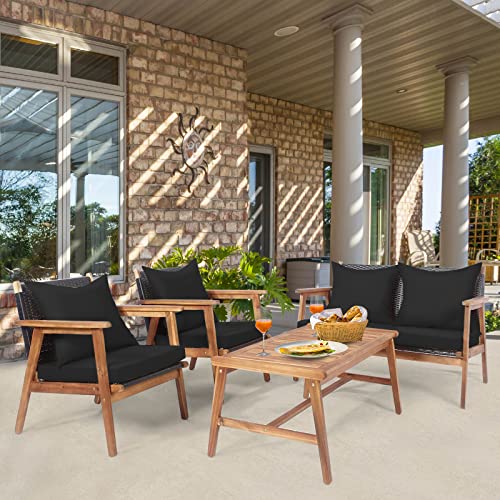 Tangkula 4-Piece Patio Furniture Set, Outdoor Acacia Wood Conversation Set with Cushions and Coffee Table, Turquoise & Black Cushion Cover Sets, Outdoor PE Wicker Sectional Sofa Set for Backyard