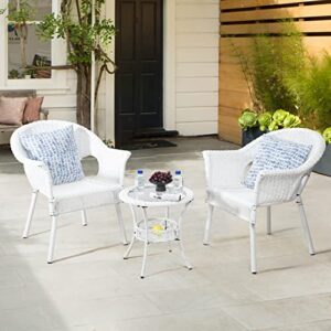 meetleisure bistro set 3 pieces outdoor patio furniture set, wicker chairs set of 2 with outdoor side table, outdoor chairs for patio lawn porch, white