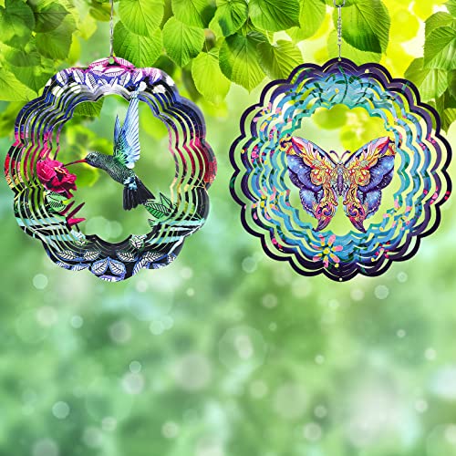 2 Pack Butterfly Metal Wind Spinners Hummingbird Hanging Wind Spinner Stainless Steel Hanging Garden Decor Yard Decorations Outdoor Wind Spinners for Yard and Garden Ornaments Decorations 12 Inches