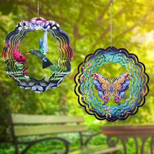 2 Pack Butterfly Metal Wind Spinners Hummingbird Hanging Wind Spinner Stainless Steel Hanging Garden Decor Yard Decorations Outdoor Wind Spinners for Yard and Garden Ornaments Decorations 12 Inches