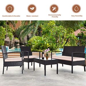 RELAX4LIFE 4 Piece Patio Furniture Set, Wicker Conversation Set w/Removable Seat Cushions, Rattan Chairs & Loveseat & Glass Coffee Table, Outdoor Furniture Set for Garden Balcony Poolside (1)