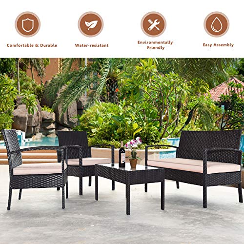 RELAX4LIFE 4 Piece Patio Furniture Set, Wicker Conversation Set w/Removable Seat Cushions, Rattan Chairs & Loveseat & Glass Coffee Table, Outdoor Furniture Set for Garden Balcony Poolside (1)