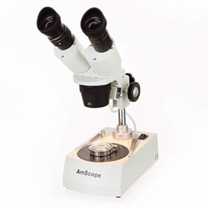 AmScope SE306R-PZ Forward Binocular Stereo Microscope, WF10x and WF20x Eyepieces, 10X-80X Magnification, 2X and 4X Objectives, Upper and Lower Halogen Light Source, Pillar Stand, 120V , White