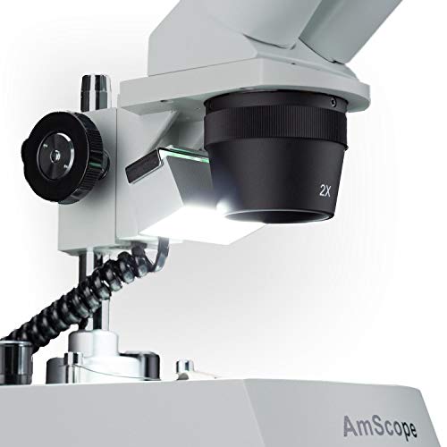 AmScope SE306R-PZ Forward Binocular Stereo Microscope, WF10x and WF20x Eyepieces, 10X-80X Magnification, 2X and 4X Objectives, Upper and Lower Halogen Light Source, Pillar Stand, 120V , White