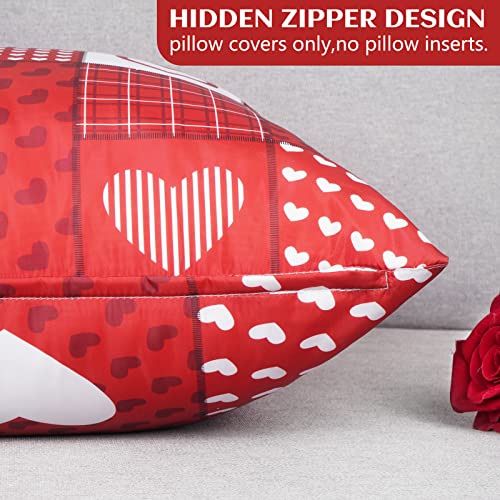 Valentine's Day Pillow Covers 18 x 18 Inch, Set of 2 Red Waterproof Throw Pillow Covers Outdoor, Love Heart Plaid Decorative Cushion Pillow Cases for Anniversary Couch Patio Furniture Bench Bed Sofa